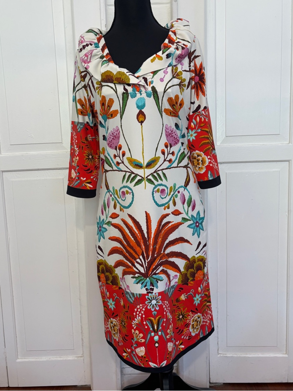 Floral-Print White and Red Midi Dress with Botanical Embroidery
